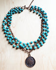 Blue Turquoise Collar-Length Necklace w/ Indian Buffalo Coin 114E