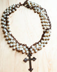 Pearl and Copper Beaded Collar Necklace with Copper Cross 114G