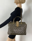 CHANEL Glazed Calfskin Shagreen Large Bindi CC Grey Tote Hand Bag