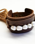 Genuine Leather Wide Cuff with Genuine Freshwater Pearls 004Y