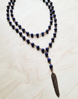 Blue Lapis Double Strand Lariat Necklace with Copper Feather 244z