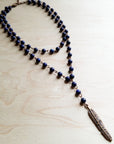 Blue Lapis Double Strand Lariat Necklace with Copper Feather 244z
