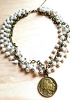 Pearl and Antique Gold Collar-Length Necklace with Indian Coin 245e