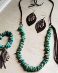 Natural Turquoise Necklace with Side-Tie Vegan Leather Tassel 245c