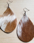 **Leather Teardrop Earrings Tan and White Hair-on-Hide 222d