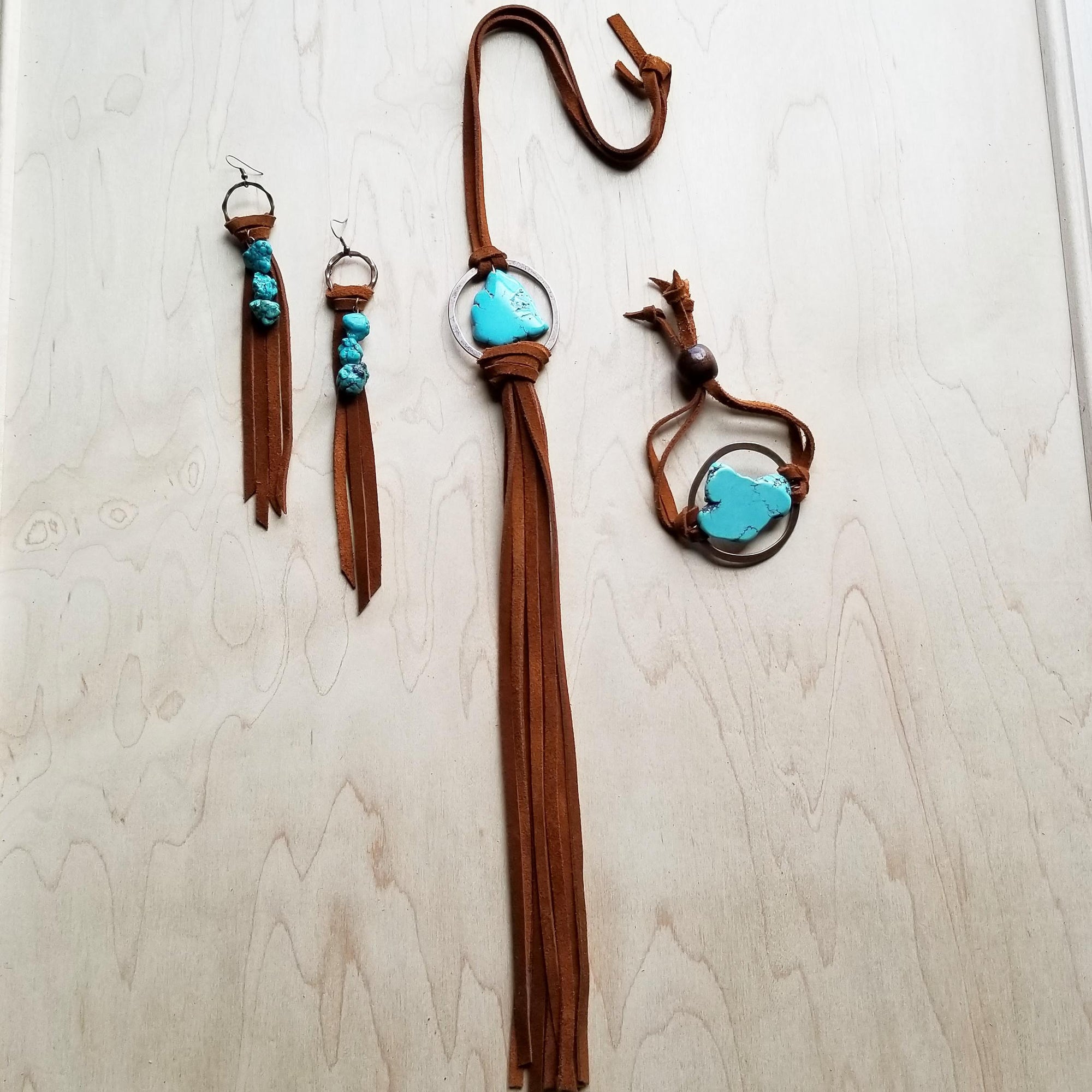 Turquoise Bracelet w/ Stone Slab &amp; Adjustable Ties 010i
