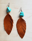 Tan Suede Feather Earrings with Turquoise Chunks (201h)