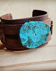 Genuine Leather Wide Cuff Bracelet w/ Ocean Agate Slab 004C