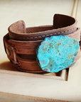 Genuine Leather Wide Cuff Bracelet w/ Ocean Agate Slab 004C