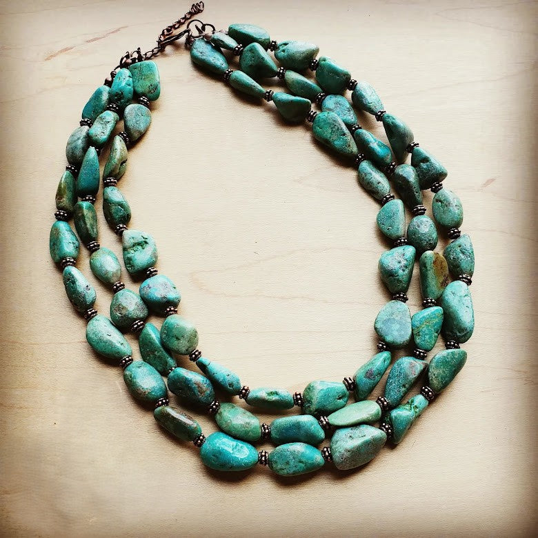 Large Triple Strand Natural Turquoise &amp; Copper Collar Necklace 252y
