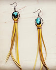 Turquoise Drop Earrings with Leather Tassel-Mustard 206f