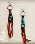Leather Fringe Earrings with Turquoise Chunks Tan 223f