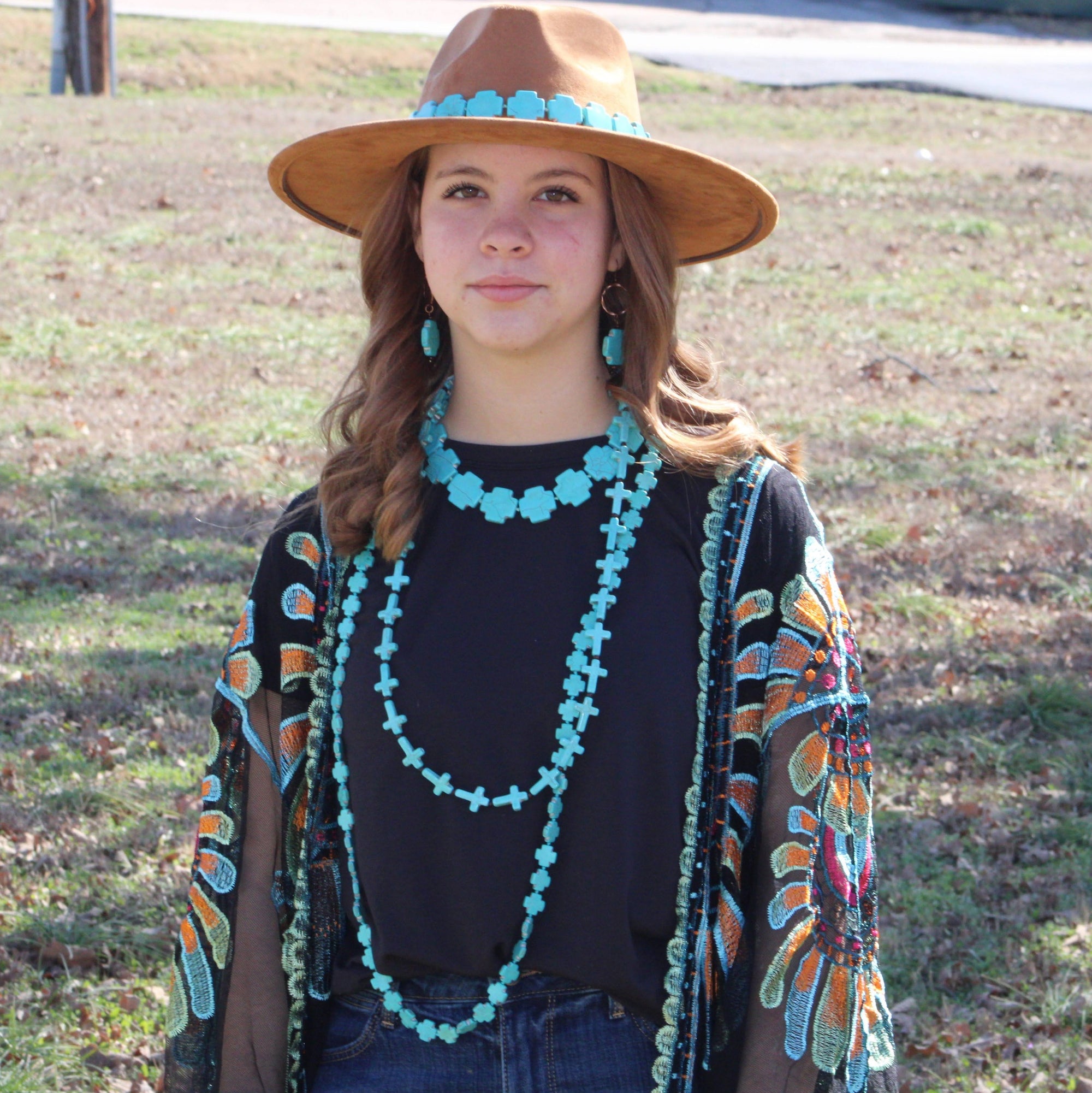 **Blue Turquoise &amp; Wood Beaded Cross Necklace 258n