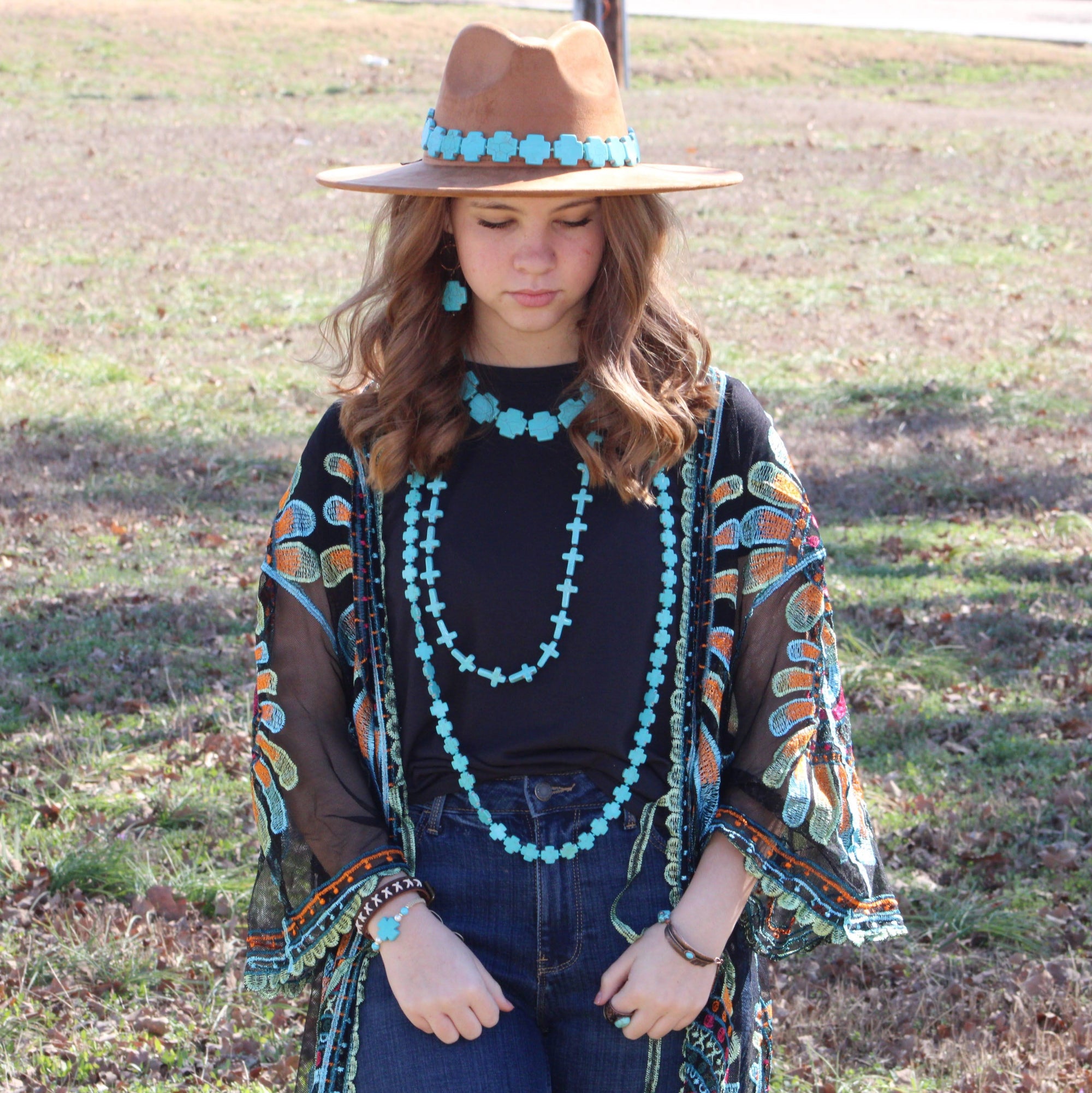 **Blue Turquoise &amp; Wood Beaded Cross Necklace 258n