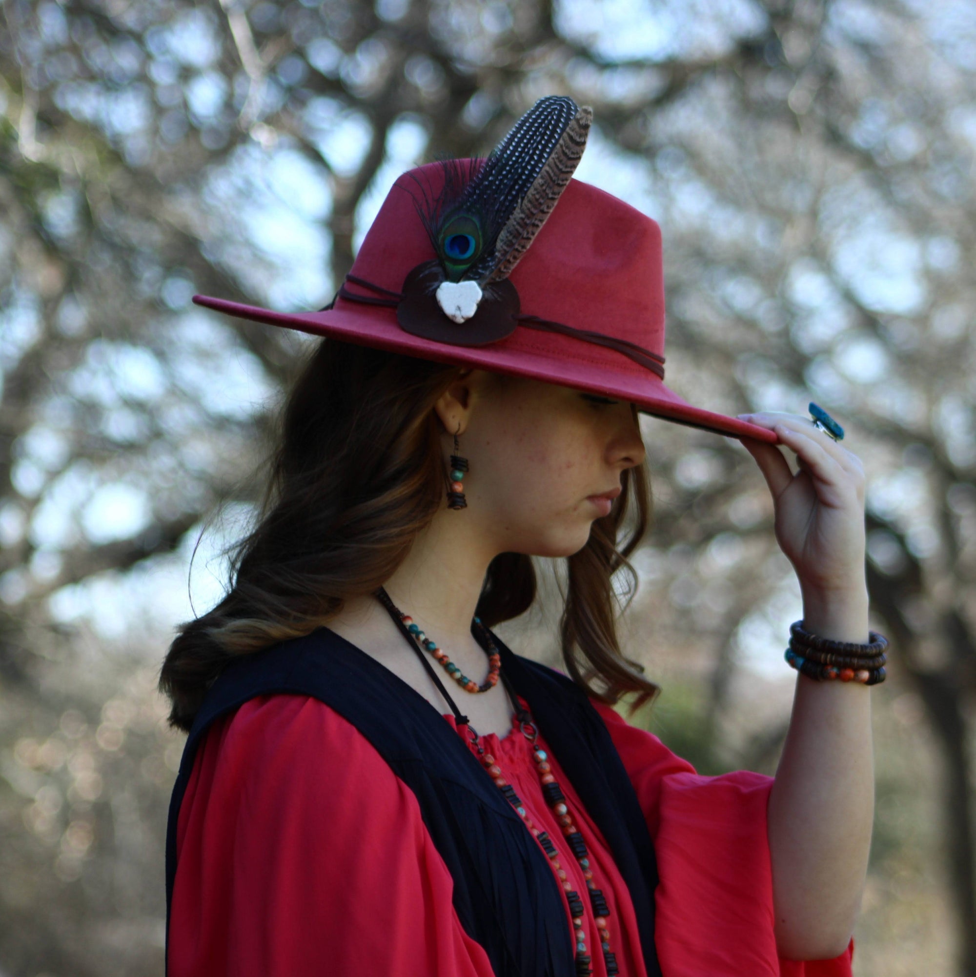 **Multi-Colored Turquoise Necklace with Wood Beads &amp; Leather Tassel 236B