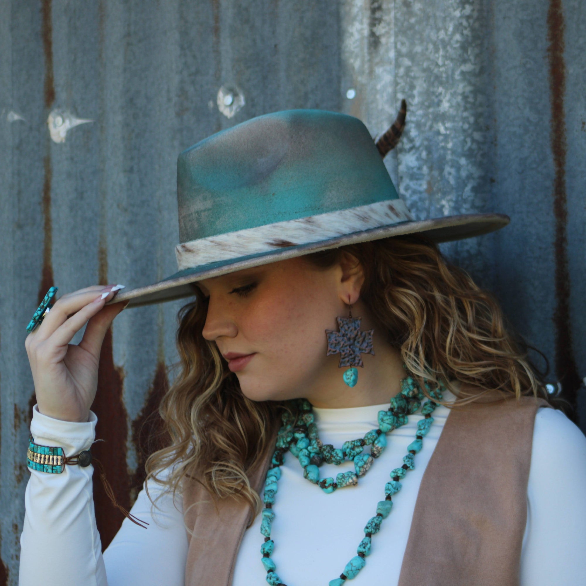 Large Triple Strand Blue Turquoise &amp; Copper Collar Necklace 259d