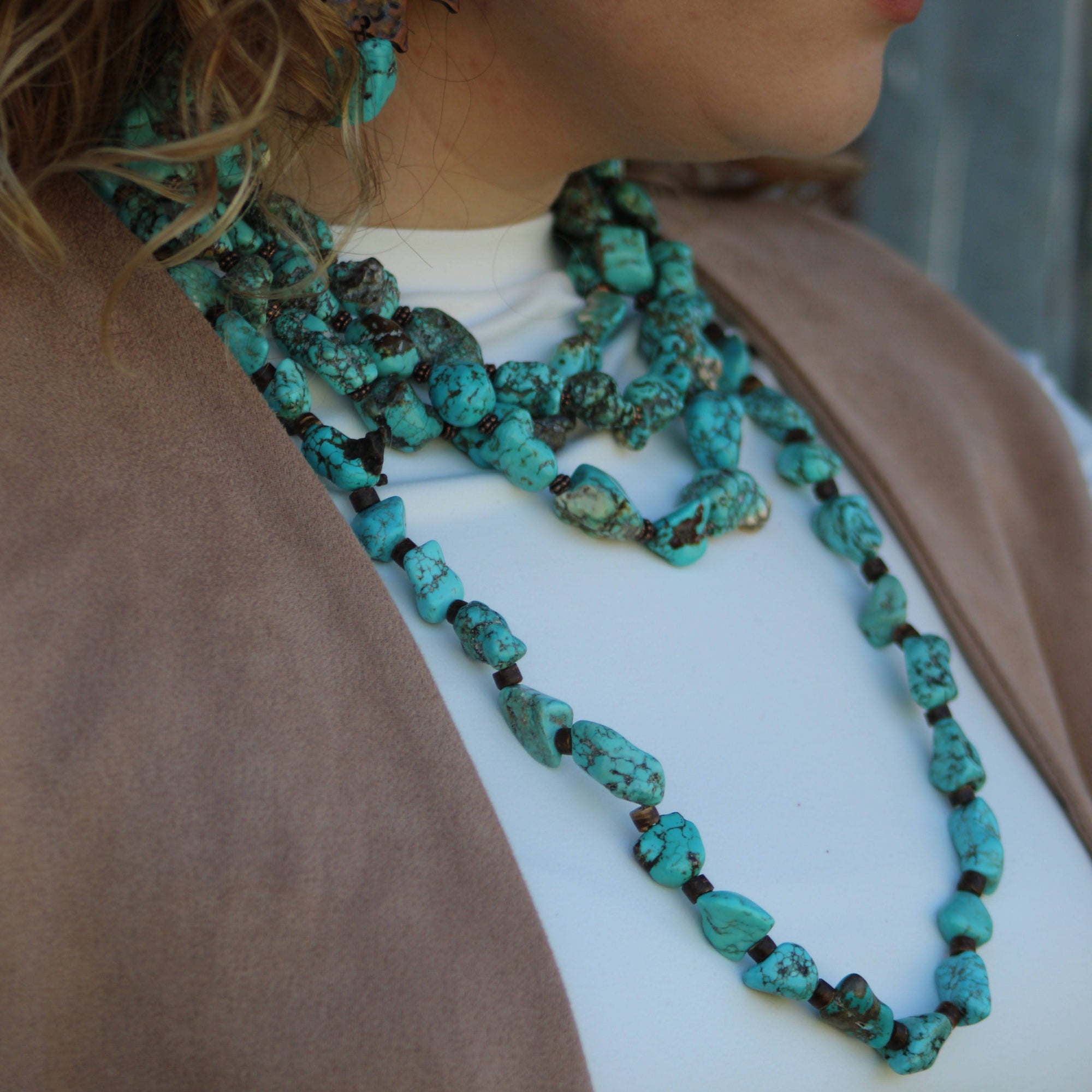 Large Triple Strand Blue Turquoise &amp; Copper Collar Necklace 259d