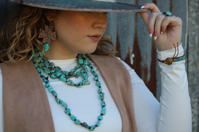 Large Triple Strand Blue Turquoise &amp; Copper Collar Necklace 259d