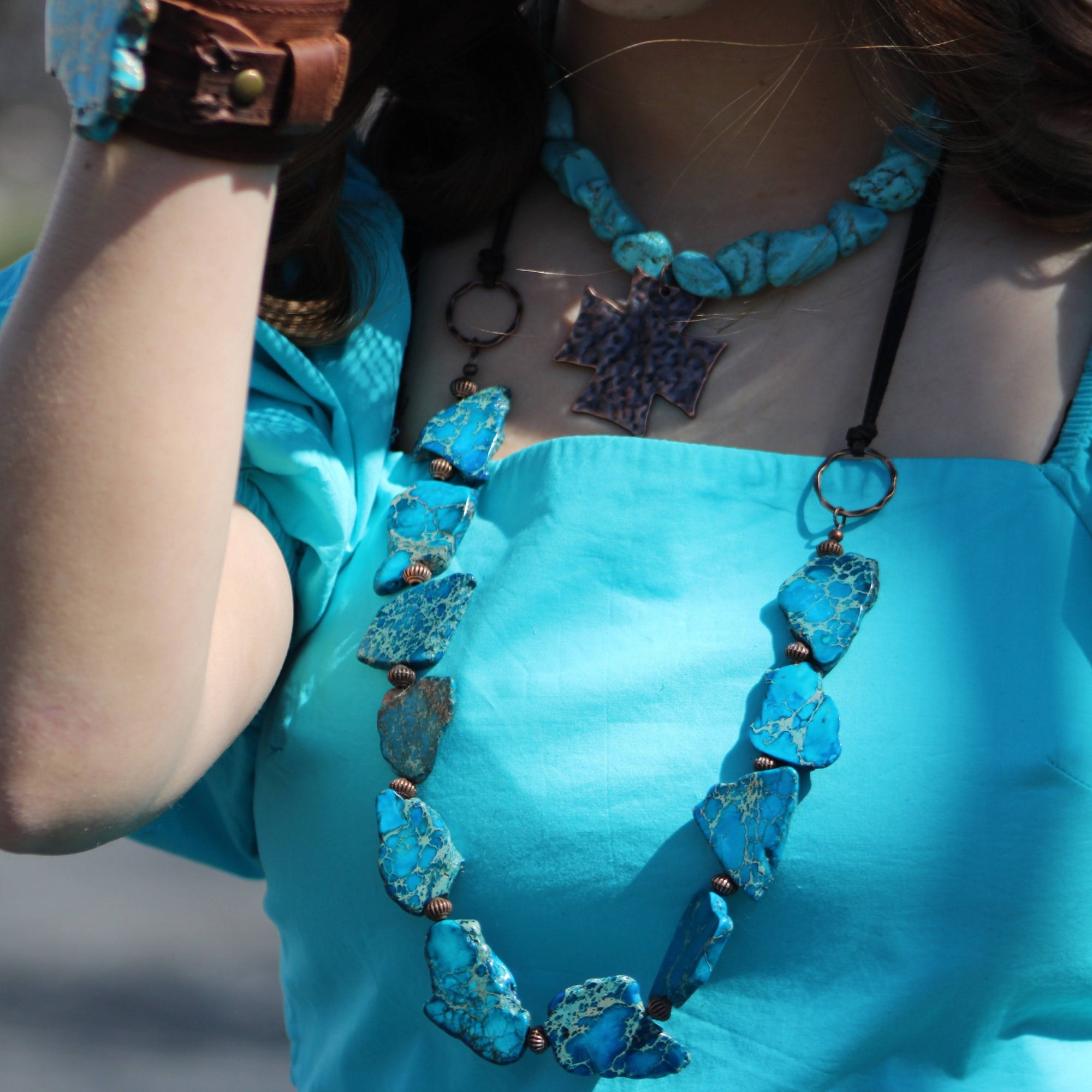 Turquoise Regalite Slab Necklace with Leather Ties 229h