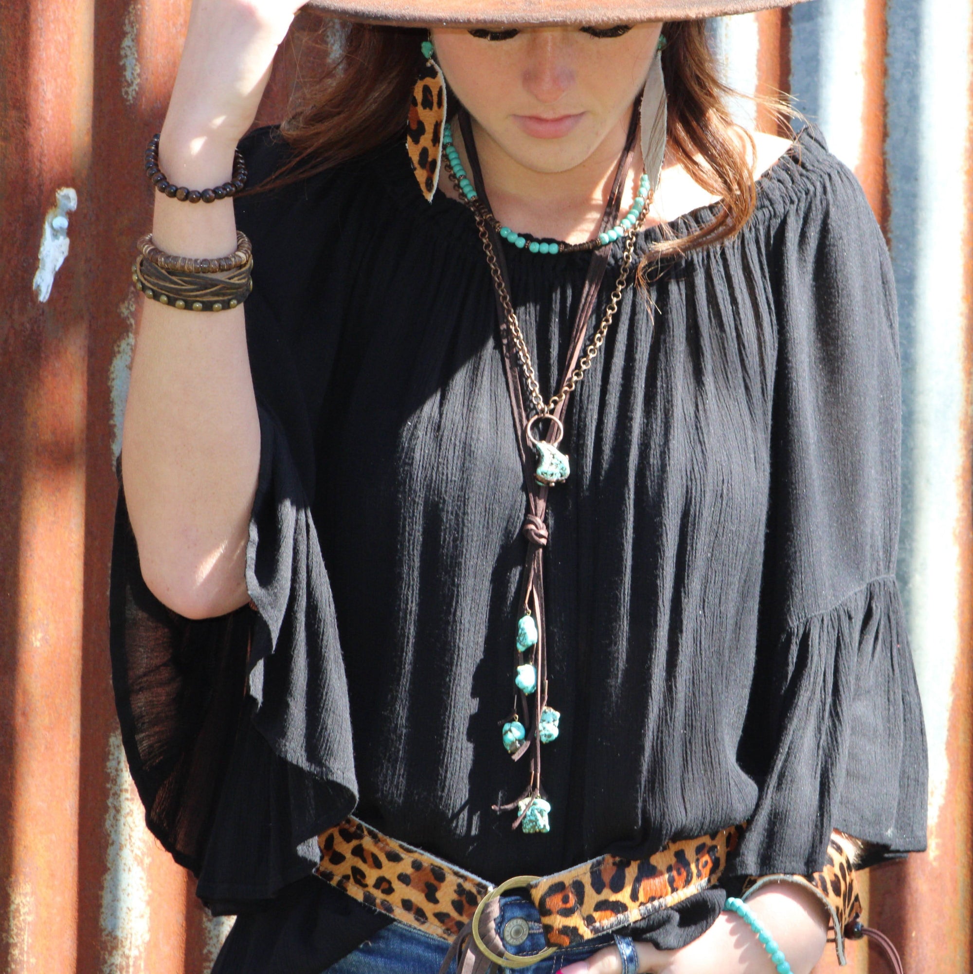 Blue Turquoise, Wood and Copper Beads Collar Necklace 230g