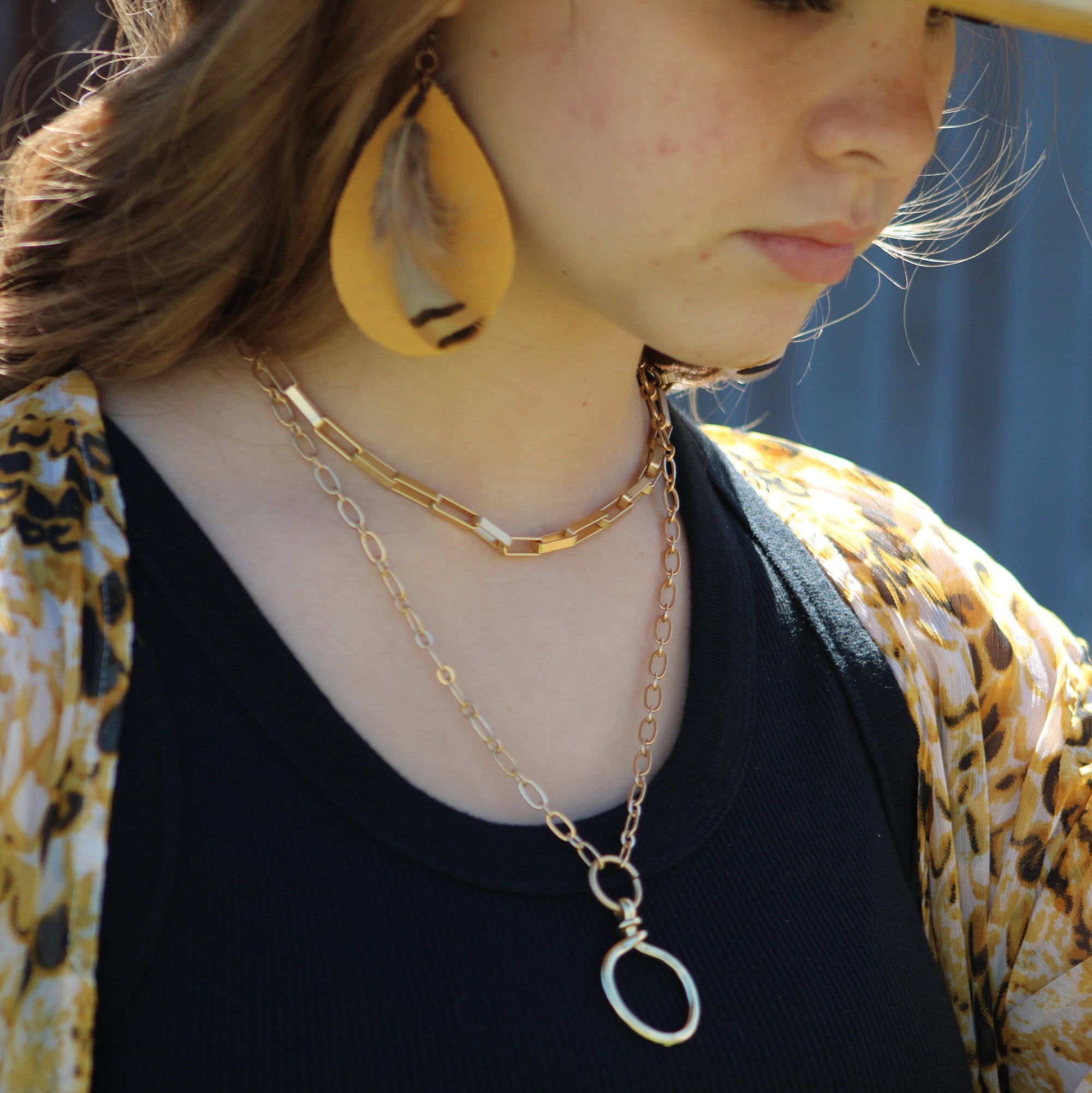 **Leather Teardrop Mustard Earrings w/ Feather Accents 220c