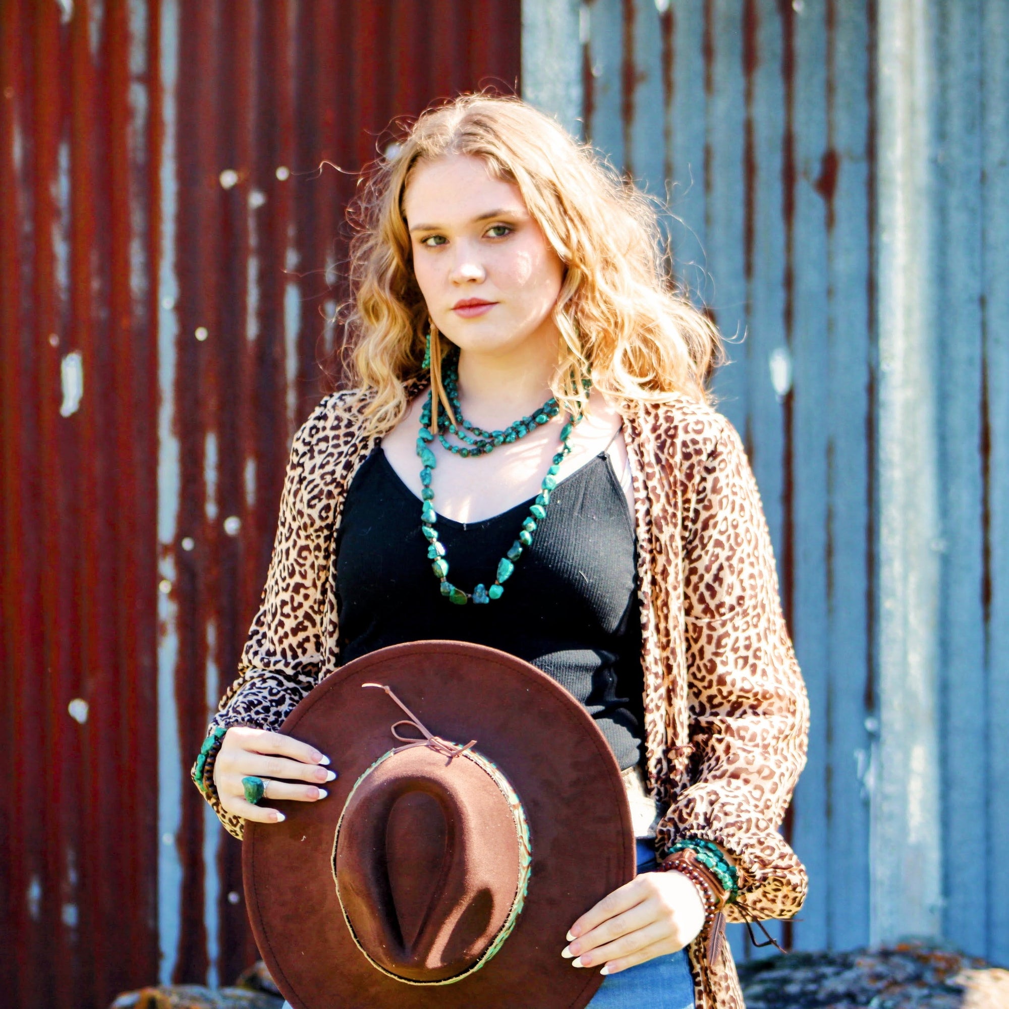 Triple Strand Natural Turquoise &amp; Copper Collar Necklace 250n