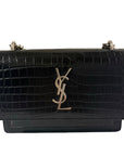 Saint Laurent Black Leather Sunset Wallet on a Chain Crocodile Embossed Bag