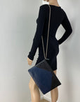 Chanel Quilted Lambskin Leather Black Blue Large Boy Zip Pouch Added Chain