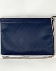 Chanel Quilted Lambskin Leather Black Blue Large Boy Zip Pouch Added Chain