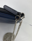 Chanel Quilted Lambskin Leather Black Blue Large Boy Zip Pouch Added Chain