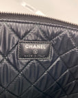 Chanel Quilted Lambskin Leather Black Blue Large Boy Zip Pouch Added Chain