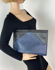 Chanel Quilted Lambskin Leather Black Blue Large Boy Zip Pouch Added Chain