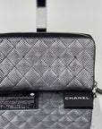 Chanel Perforated Silver Metallic Lambskin Quilted Zip Around Wallet Clutch