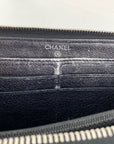 Chanel Perforated Silver Metallic Lambskin Quilted Zip Around Wallet Clutch