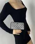 Chanel Perforated Silver Metallic Lambskin Quilted Zip Around Wallet Clutch
