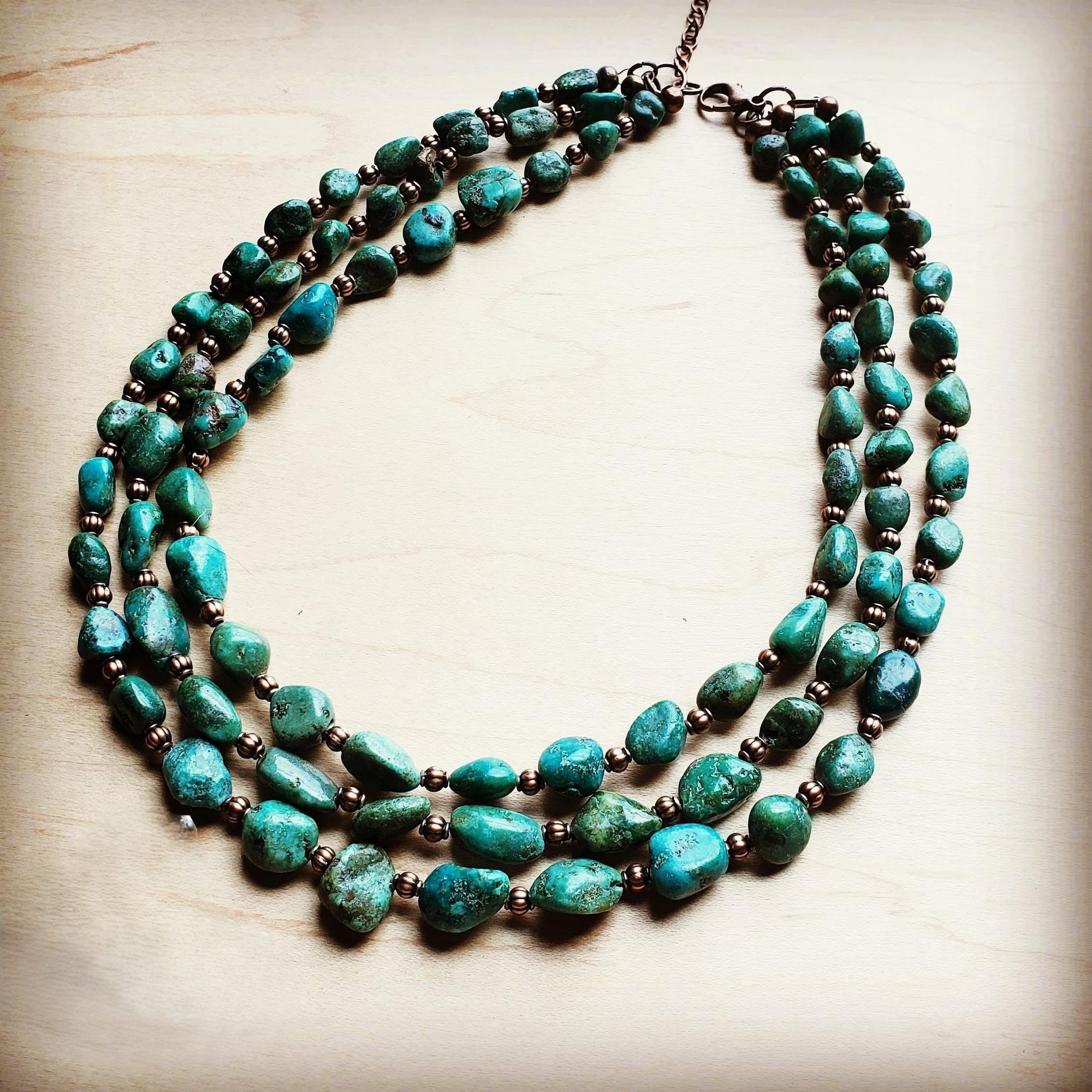 Triple Strand Natural Turquoise &amp; Copper Collar Necklace 250n