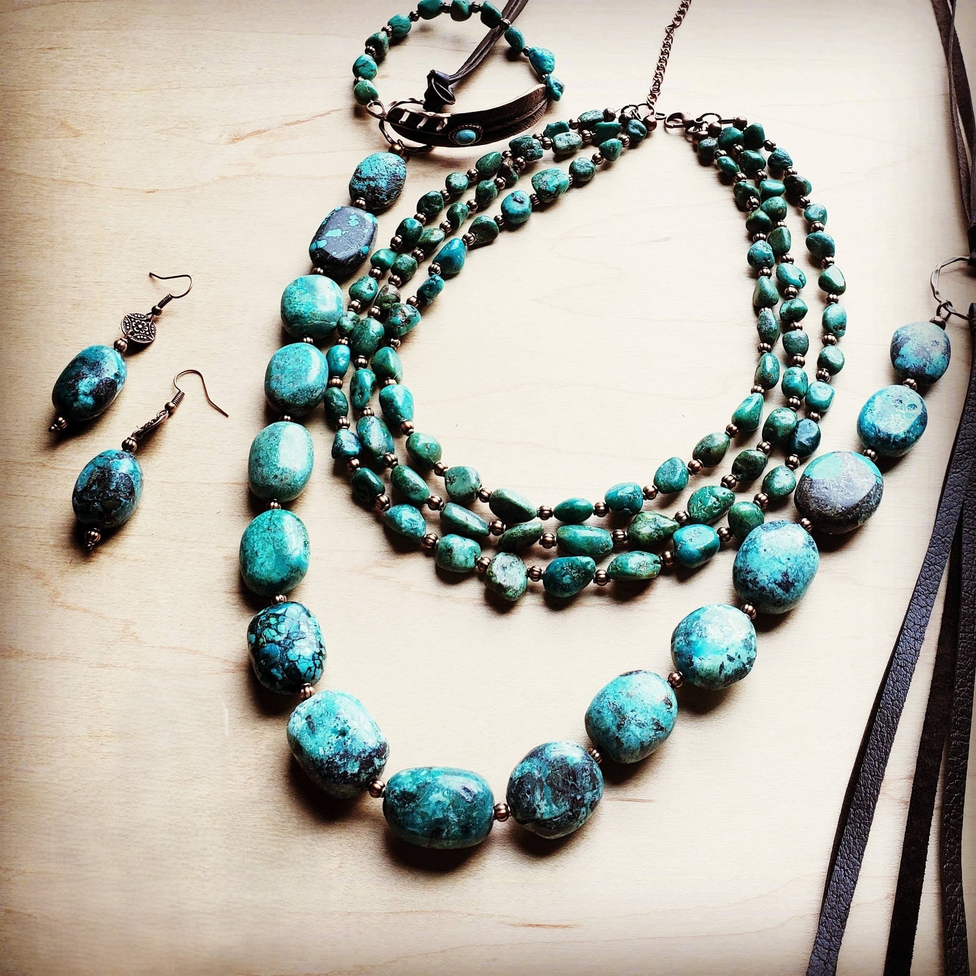 Triple Strand Natural Turquoise &amp; Copper Collar Necklace 250n