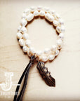 Double Strand GENUINE PEARL Bracelet With COPPER FEATHER 052d