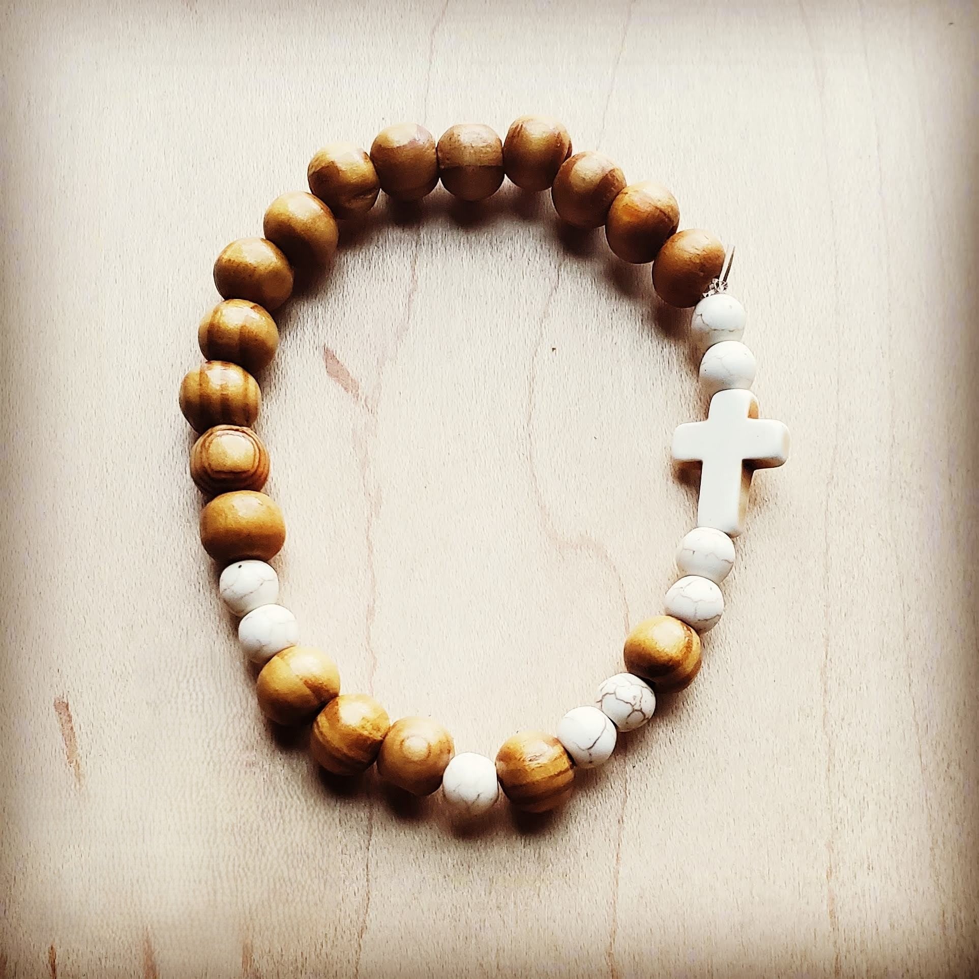 Stretch Bracelet Wood &amp; White Turquoise Beads 804c