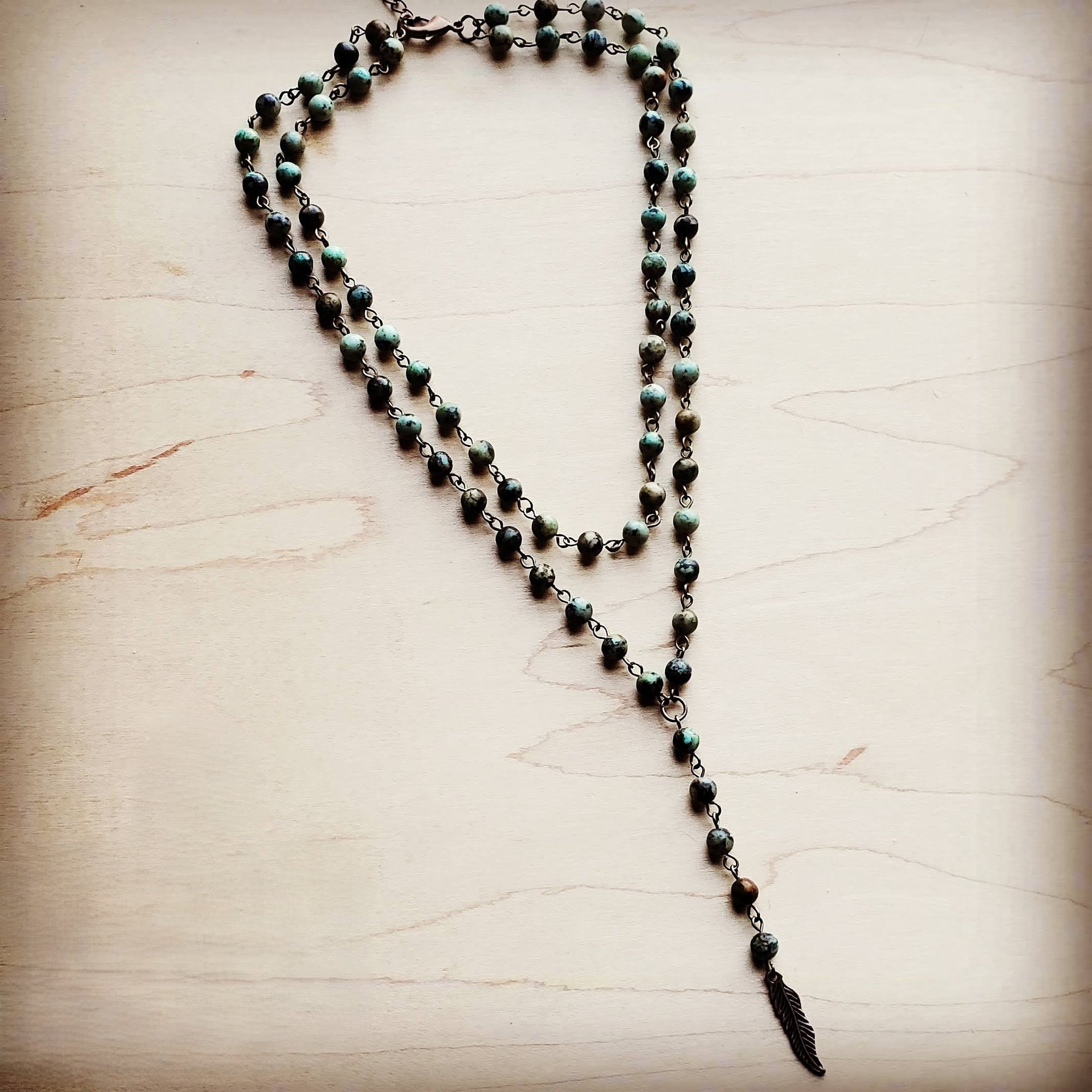 Double Strand Lariat African Turquoise Necklace w/ Copper Feather 251h