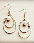 Matte Gold Double Hoop Earrings with Pearl Dangle 203t