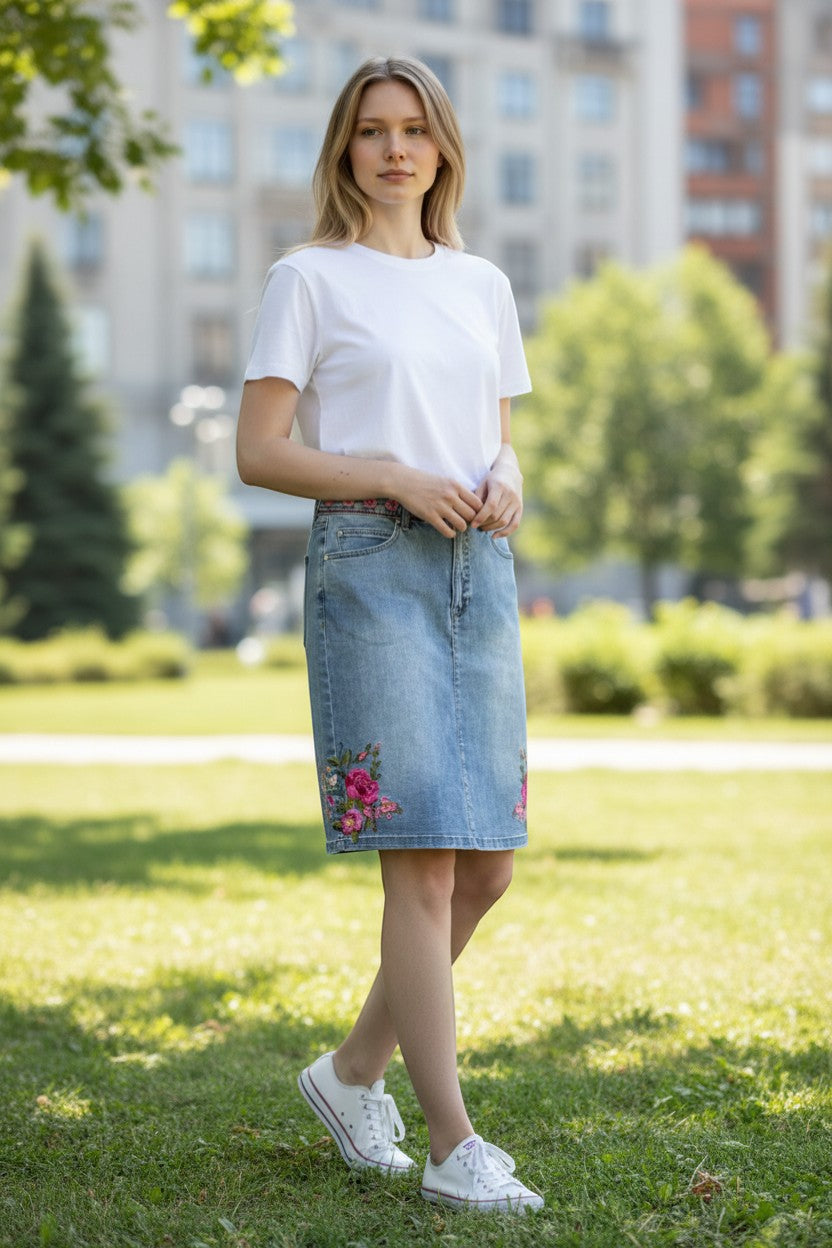 The Strawberry Shop light wash denim skirt with pink floral embroidery at the hem and waistband. Knee length.