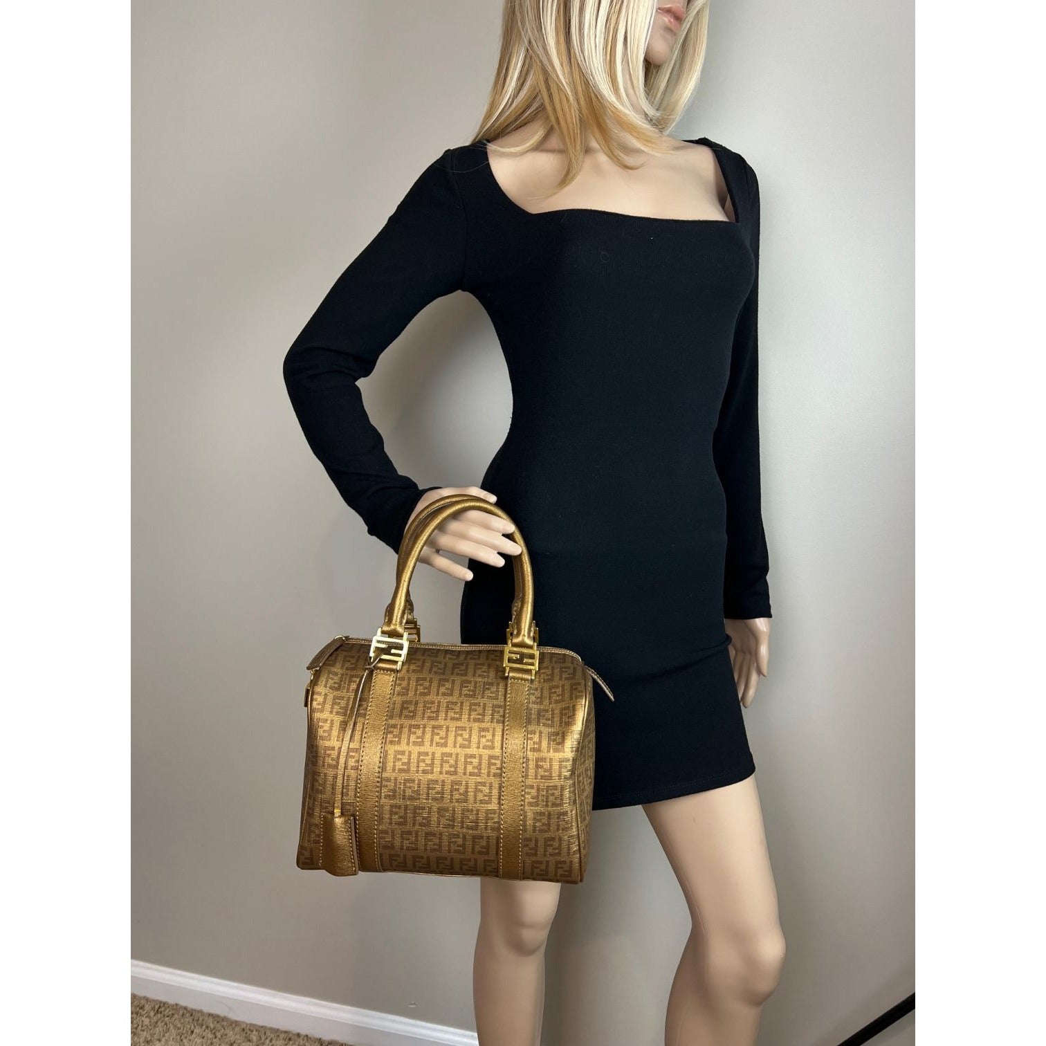 Fendi Boston Gold Coated Canvas Handbag