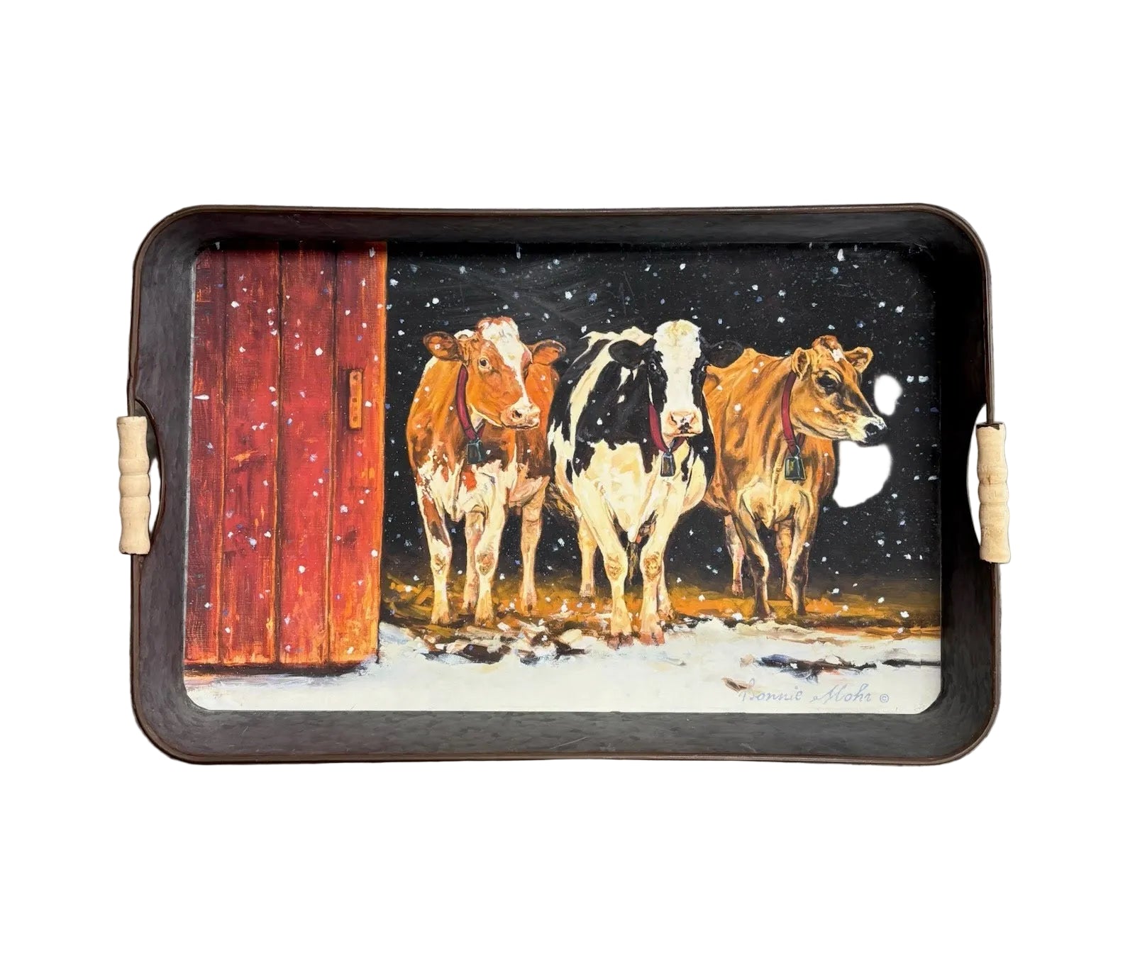 Cows in Snowy Barnyard Serving Tray Decor