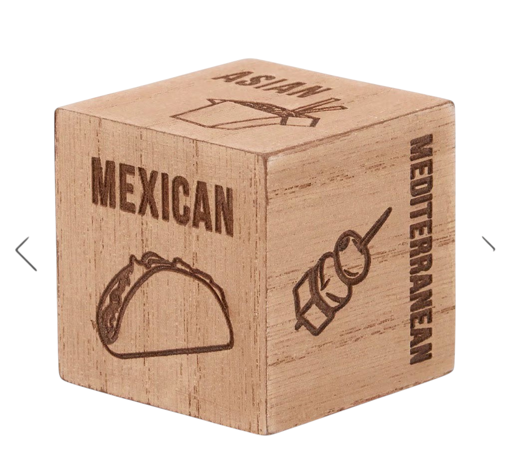 The Strawberry Shop wooden dinner decision die with debossed food icons and cuisine names for meal planning.