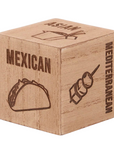 The Strawberry Shop wooden dinner decision die with debossed food icons and cuisine names for meal planning.