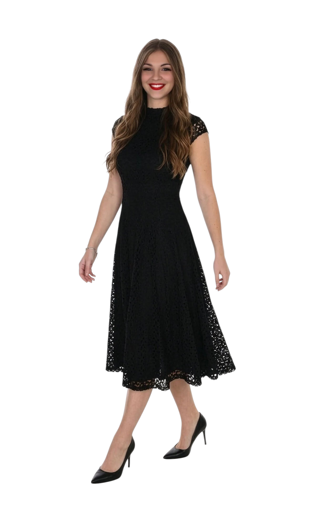 Model wearing a black Frank Lyman midi dress with lace detailing and cap sleeves from The Strawberry Shop