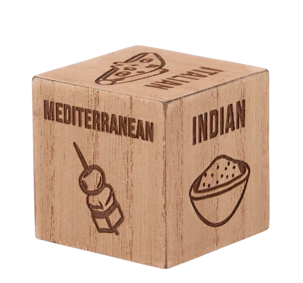 The Strawberry Shop wooden dinner decision die featuring debossed food icons and cuisine labels for meal planning.