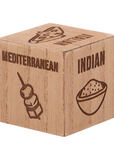 The Strawberry Shop wooden dinner decision die featuring debossed food icons and cuisine labels for meal planning.