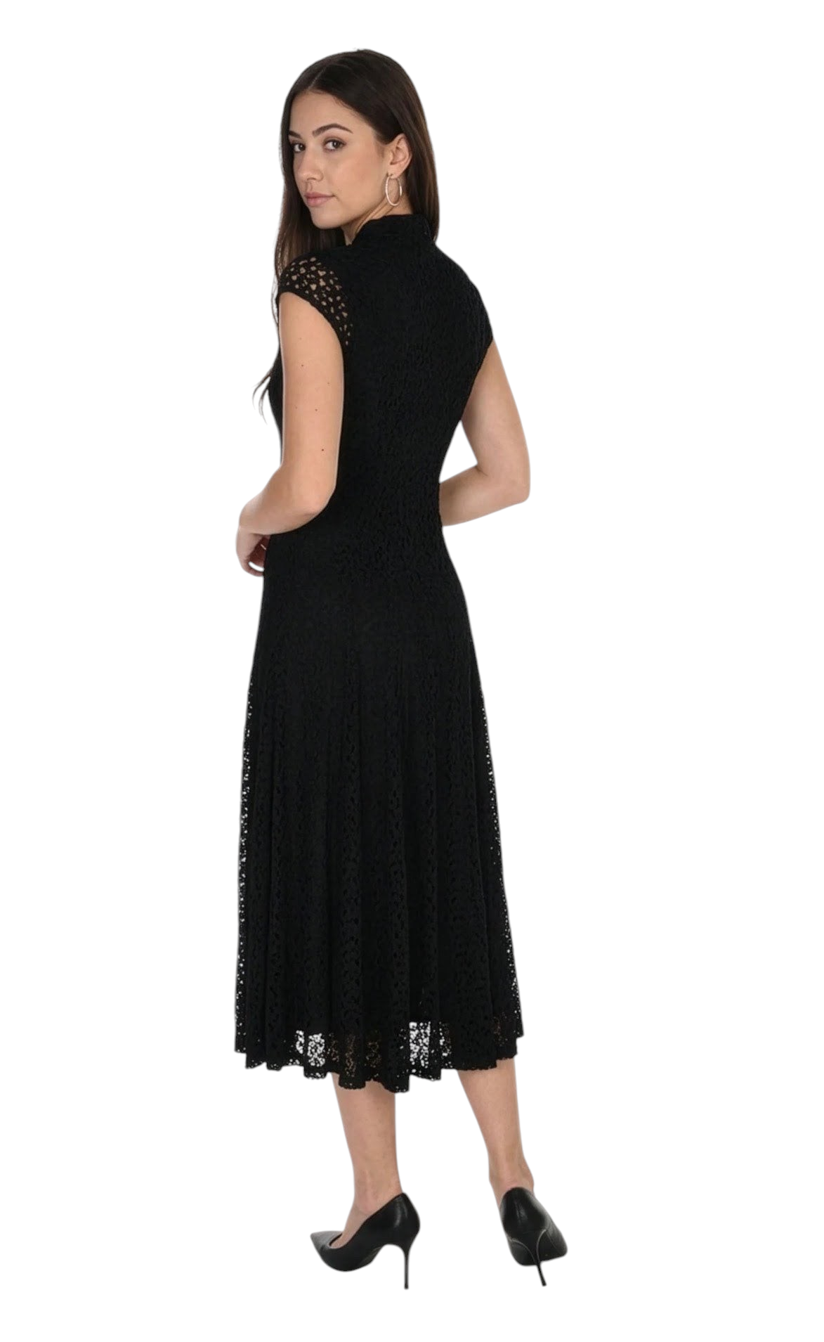 Model wearing a black The Strawberry Shop Frank Lyman midi dress with lace cap sleeves and a high neckline